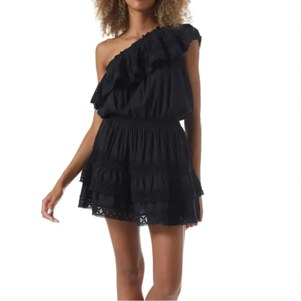 MELISSA ODABASH Debbie One Shoulder Ruffle Lace Cover Up Dress Black L NWT